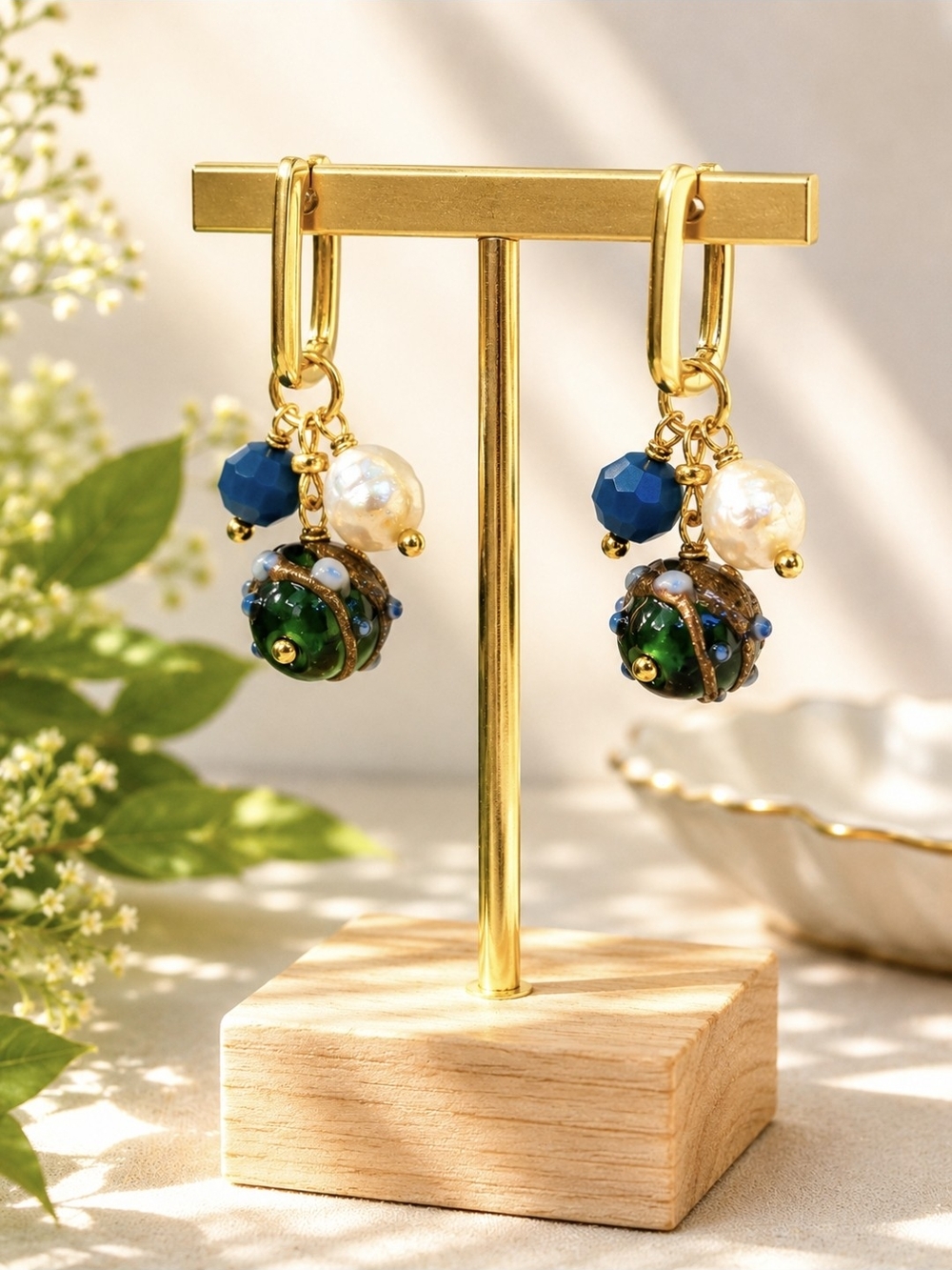 18k Gold Plated Hoop Earrings Blue, Green Wedding Cake, Freshwater Pearl Crystal